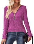 Gemulate Christmas Pink Jumpers for Women UK Lightweight Zipper V Neck Sweater Ladies Long Sleeve Tops Casual Striped Sweaters Sweatshirts Tshirt Rose Red S