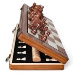 Wooden Magnetic Chess Board Set, 15 inch 2 in 1 Portable Folding Checkers Chess Set with 2 Extra Queen and Carry Bag Handmade Large Chess Game