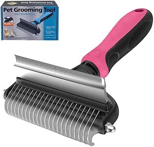 Dog Grooming Brush, 2 in 1 Double Sided Undercoat Rake Deshedding Brush for Dogs & Cats, Pet Dematting Comb Hair Removing Tools for Knots, Mats & Tangles, Pink