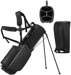 GEESEE 4 Way Golf Bag with Premium PU Leather, Lightweight Stand Golf Bag with Legs and Dual Strap, Multiple Pockets with Magnetic Pocket, Includes Rain Cover, Golf Carry Bag for Men and Women (Black)
