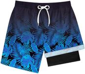 HOOGRIN Boys Swim Trunks with Boxer Brief Liner Compression Anti Chafe Swimming Shorts Stretchy CPF Quick Dry Swimsuit,Navy Blue Leaves,10-12 Years