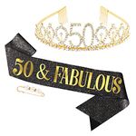 AhlsenL 50th Birthday Crown Women Birthday Sash,Rhinestone Tiara Crown 50 & Fabulous Sash for 50th Birthday Decor (Gold)