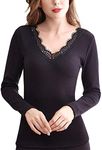 Flygo Womens Thermal Fleece Lined Cotton Underwear Lace Long Sleeve V-Neck Top (Large, Black)