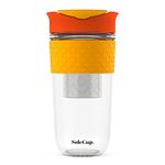 SoleCup Large Travel Mug Loose Tea Infuser - Detachable Tea Strainer with Spill Proof Lid - 18oz/530ml BPA-Free Reusable Glass Travel Coffee Cup with Silicone Band (Red)