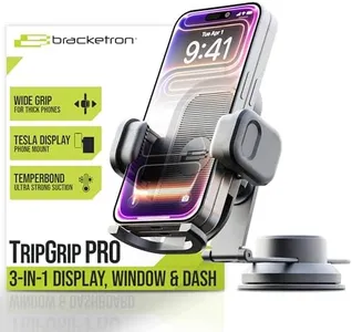 Bracketron TripGripPro Suction Cup Phone Mount for Car - 3-in-1 Tesla Phone Mount with 360° Rotation, Temperbond Suction Technology for Windshield Dashboard Display