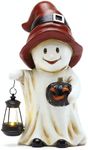 TERESA'S COLLECTIONS Halloween Spooky Garden Statues with Solar Lights, Cute Orange Hat Ghost with Lantern for Resin Halloween Decorations, Pumpkin Jack-o-Lanterns Decor for Outdoor Porch Yard, 10.6"