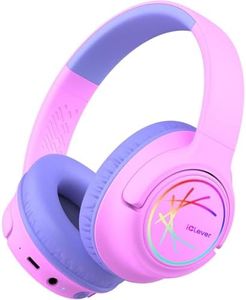 iClever Bluetooth Kopfhörer Kinder mit LED-Leuchten, 74/85dBA Lautstärkebegrenzung, 43 Stunden Spielzeit, Stereo-Sound, Typ-C, AUX-Kabel, Bluetooth5.3 Kinderkopfhörer für Tablet/Reisen Rosa lila