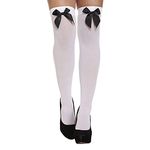 MISSHASHTAG® Ladies Girls Thigh High Hold Up Stocking With lace Satin Bow Over Knee Socks Daily Dress Party Favours (White With Black Bow)