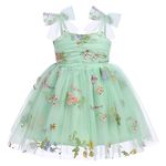 Baby Girl Floral Dress Toddler 1st 2nd 3rd Birthday Party Princess Dresses Self Tie Bowknot Spaghetti Straps Flower Embroidery Ruffle Swing A-line Short Dress Summer Sundress Green Embroidery 5-6Y