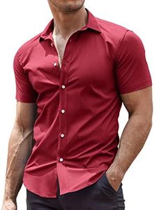 COOFANDY Men's Dress Shirts Muscle Fit Wrinkle-Free Short Sleeve Casual Button Down Dress Shirt Wine Red