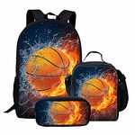 KUIFORTI Fire Basketball Backpack Set for Teen Boys School Book Bag with Thermal Lunchbag for Girls Kids Childrens Lunchbox Pencil Case Set 3 PCS School Bags