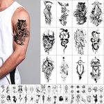 GLARYYEARS Temporary Tattoo for Men, 48-Pack 12 Large 36 Small Fake Tattoos, Long-lasting Realistic Tattoo Stickers, Cool Skull Snake Death Designs for Adults Women, Black Body Half Arm Tattoos