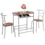 VECELO 3 Piece Small Dining Table Set for Kitchen Breakfast Nook, Wood Grain Tabletop with Wine Storage Rack, Save Space, Brown & Silver