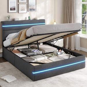 AOGLLATI Bett 140x200 mit Hydraulischem Stauraum, Polsterbett Doppelbett mit LED-Kopfteil & Ladestation (3 USB + 1 Type-C), Jugendbett mit Lattenrost,Boxspringbett, Dunkelgrau Leinen(ohne Matratze)