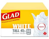 Glad White Garbage Bags - Tall 45 Litres - Unscented, 60 Trash Bags, Made in Canada of Global Components