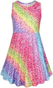 JESKIDS Little Girls Dress Sleeveless Casual Twirl Dresses Print Sundress Rainbow Sequin 4-5 Years