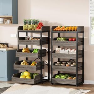 Tribesigns Wood Fruit and Vegetable Storage Rack Set of 2, 5-Tier Pull-Out Snack Stand Fruit Basket Stand, Utility Shelf Organizer for Kitchen, Living Room, Bedroom, Gray