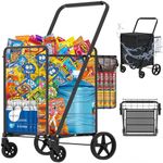 Heavy Duty Folding Shopping Cart for Groceries, Jumbo Double Basket with 360° Swivel Wheels & Waterproof Bag, Portable Utility Cart for Shopping, Laundry, Holds Up to 320 LBS