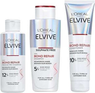 L'Oréal Paris Elvive Bond Repair Trio Bundle, Rescue Pre-Shampoo Treatment, Shampoo and Conditioner, With Citric Acid, For All Types Of Damaged Hair