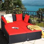 DEVOKO Outdoor Daybed Patio Loveseat Sofa for Terrace Gardan Porch with Padded Cushion & and Sturdy Foot Rest (Black & Red)