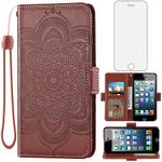 Asuwish Compatible with iPhone 5S 5 SE 2016 5SE Wallet Case and Tempered Glass Screen Protector Flip Card Holder Cell Phone Cover for iPhone5 iPhone5s iPhoneSE iPhone6se i 6SE iPhone5se Women Brown