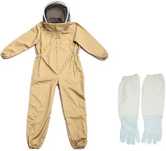 Full Beekeeping Suit Bee Suit Heavy Duty Leather Ventilated Keeping Gloves, Durable Cotton, Removable Fireproof Veil Hood, Elastic Wrist/Ankle Bands