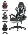 Bigzzia Gaming Chair with Footrest High Back Ergonomic Comfortable Office Computer Video Gamer Chair with Lumbar Support Height Adjustable with PU Leather Recliner for Adults Women Men (Black/White