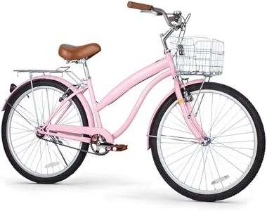 WEIZE Beach Cruiser Bike, 26 inch Commuter Bicycle for Adult Men and Women,High-Carbon Steel/Front & Rear Fenders, Comfortable City Bikes with Rear Rack&Basket, Ergonomic Upright Design,Pink