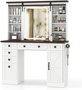 Giantex Farmhouse Vanity Desk with Barn-Style Sliding Mirror, Makeup Vanity Table w/ 3 Lighting Modes & Adjustable Brightness, Wood Grain Desktop, 6 Storage Drawers & 9 Open Shelves, 1 Cabinet