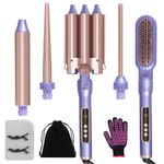 Hair Curling Iron Set, 3 Barrel Beach Waver Curling Wand, Hair Straightener Brush, 5 in 1 Waver and Crimper Hair Tool for All Hair Types, Insulated Table Mat & Oven Mitt & 2 Clips Included