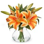 Hollyone Fall Artificial Flowers in Vase Tiger Lily Real Touch Orange Silk Faux Flowers Arrangements with Glass Vase with Faux Water Fake Floral Bulk Lily Bouquet Shelf Table Centerpiece Home Decor