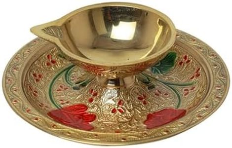 Small Diya Pooja Minakari Diya Puja Item Religious Brass Oil Lamp Essential Aarti Diya Lighting Accessories Pooja Kit Lanterns Lamps Indian Traditional Festival Diwali Decoration(Size:-3'')(Golden)