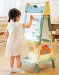 ROBUD Wooden Easel for Kids, Double-Sided Whiteboard & Chalkboard with Paper Roll, Height Adjustable Drawing Board with Magnets, Paint Pots, Storage Tray, Crocodile Design for Boys & Girls Ages 3+