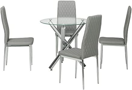 HOMCOM Set da Pranzo 5 pezzi con Tavolo Rotondo in Vetro e Sedie Trapuntate a Diamante in PU per 4 Persone, Grigio