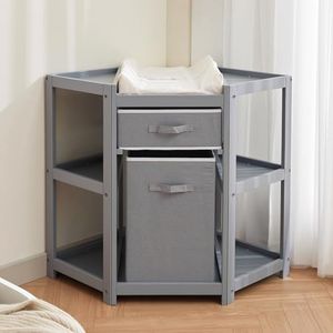 GarveeLife Corner Diaper Changing Table, Baby Diaper Changing Station with Storage Drawer and Laundry Hamper, Multi-Functional Changing Table Organizer with Pad for Newborn Infant, Gray