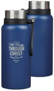 All Things Through Christ Philippians 4:13 Laser Engraved Blue Stainless Steel Double Wall Vacuum Insulated Water Bottle Carry Handle Lid Hydration Bottle for Men/Women, All Day Hot or Cold, 32 oz