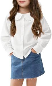 Haloumoning Girls Baby Doll Collar Shirt Classic Long Sleeve Button Down Uniform Shirts Soft Blouse Tops, White, 11-12 Years