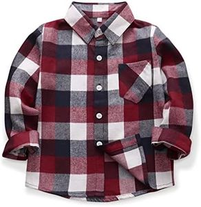 OCHENTA Little Kids Boys' Girls' Long Sleeve Button Down Plaid Flannel Shirt E006 Red Blue Tag 110CM - 3T