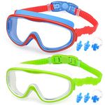 KAILIMENG 2 Pack Kids Swim Goggles, Clear Wide View No-Leak Anti-Fog UV Protection Swimming Glasses with Nose Clip Earplugs for Toddlers Youth Child 3-15 Years Old (Red Blue & Green, 2 Pack)