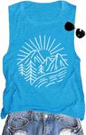 Hiking Mountain Tank Tops for Women Funny Pine Tree Sunrise Graphic Workout Tanks Summer Sleeveless Loose Fit Shirts Tops, Sky Blue, Large