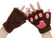 Womens Bear Plush Cat Paw Claw Gloves Soft Faux Fur Winter Warm Fingerless Gloves Mitten Hallowmas Cosplay Costume Gift, Light Coffee, One Size