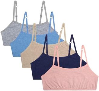 Rene Rofe Girls Training Bras - 5 Pack Soft Stretch Cotton Bra, Cami Style Girls Underwear with Adjustable Straps (7-14), Size 10-12, Heather Pink