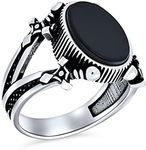 Unisex Vintage Style Urban Biker Jewelry Large Statement Oval Flat Semi Precious Gemstone Black Onyx Signet Double Sword Ring For Men Oxidized .925 Sterling Silver Handmade In Turkey