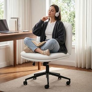 DROGO Cross Legged Office Chair for Work at Home, Pu Leather Accent Chair for Long Hours Sitting Comfort, Armless, Adjustable Height & Tilt Lock Recline |Swivel Computer Chair for Home Office(Beige)