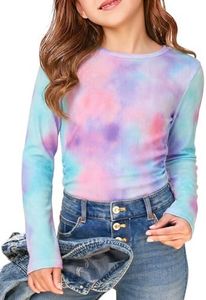 Haloumoning Girls Long Sleeve Shirts Crewneck Ruched Side Slim Fit Tops Ribbed Knit Casual Tee Shirt 4-15 Years