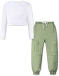 Betusline Girls 2 Piece Outfits Long Sleeve Tee Shirts and Cargo Jogger Pants Outfits, 4T-14 Years, White+tea Green, 13-14 Years