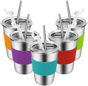 Kids Drinking Cups with Straws and Lids,Spill-Proof Stainless Steel Tumblers for Kids Dishwasher Safe, Unbreakable Metal Toddler Cups with Heat-Insulated Sleeves for Cold and Hot Drinks.5 Pack 12oz