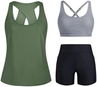 HUSKARY Modest Swimsuits for Women 3 Piece Removable Padded Tankini Tops with Boyshorts Full Coverage Green Striped 22W