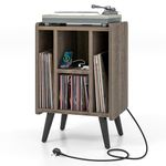 COSTWAY Record Player Stand with Charging Station, Turntable Stand End Sofa Side Table with 4 Open Shelves, Wooden Albums Vinyl Record Storage Cabinet Holder for Living Room Bedroom (Grey Oak)