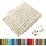 TREELY 100% Cotton Knitted Throw Blanket Couch Cover Blanket(50 x 60 Inches, Ivory White)